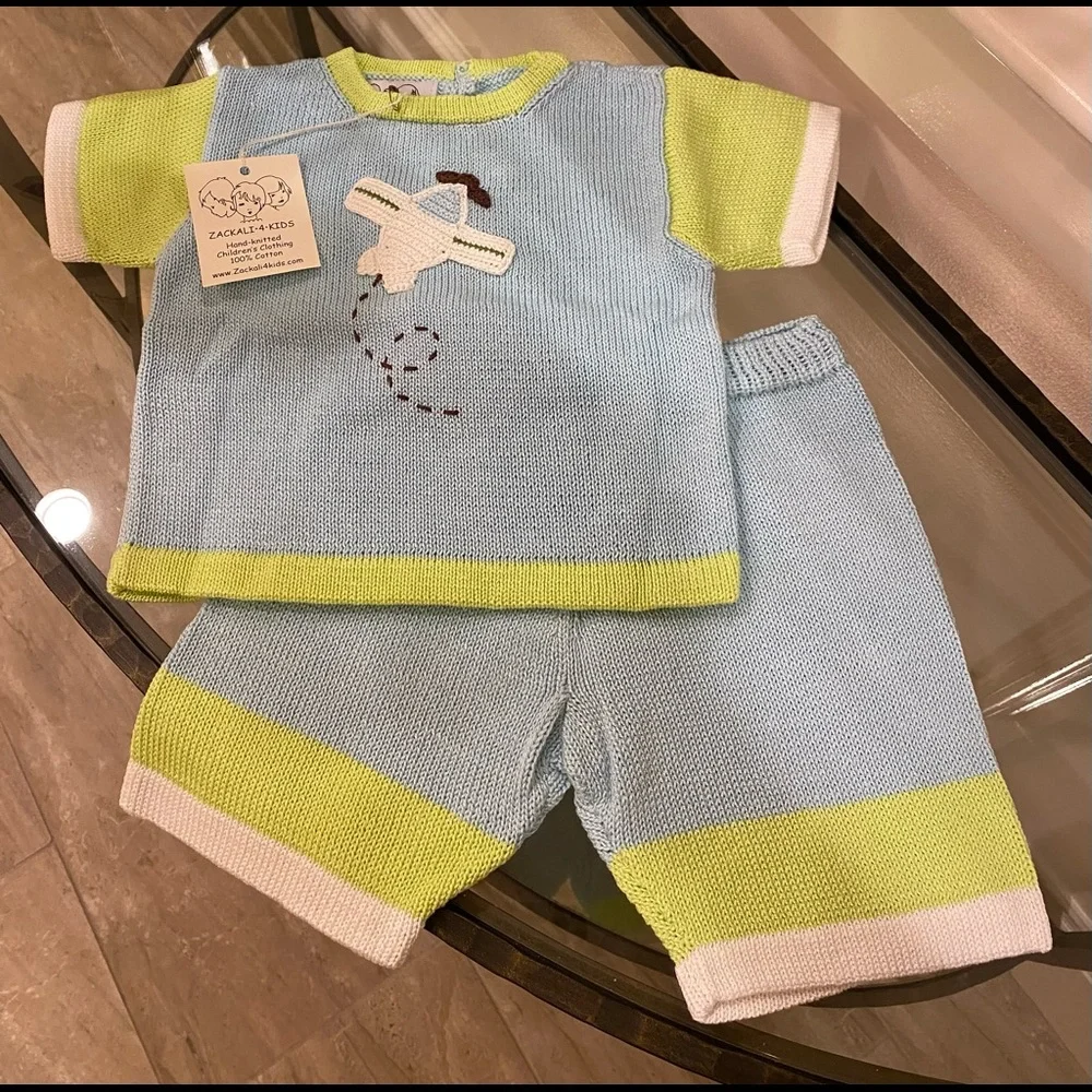 NWT *Zackali 4 Kids* AIRPLANE Top & Shorts Set: Hand-Knitted 100% Cotton … 18M - Picture 1 of 3
